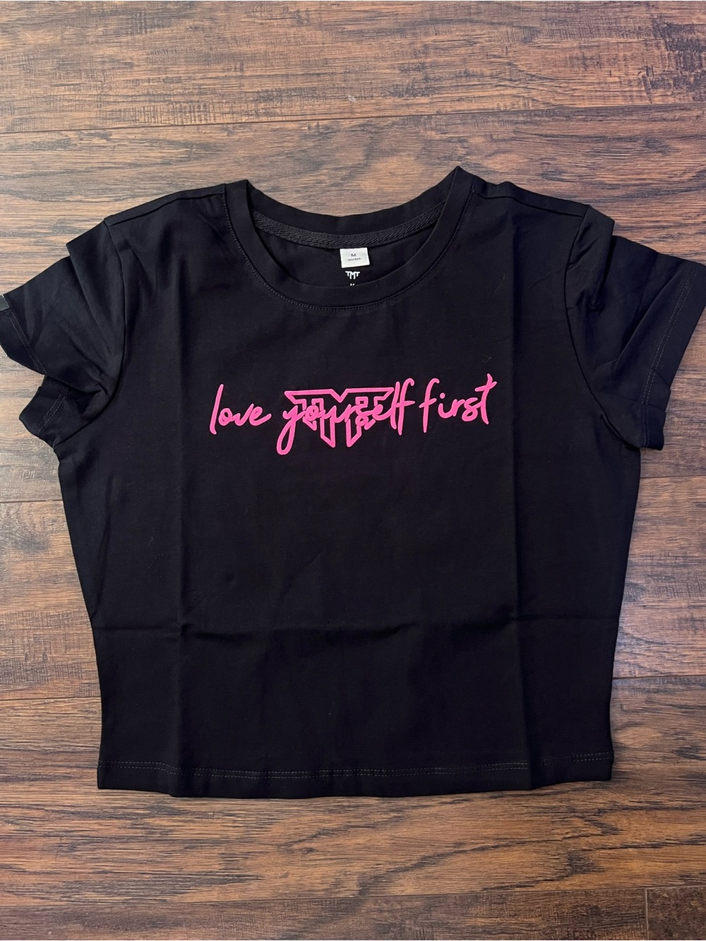 Black Crop Tee with Pink Script Logo